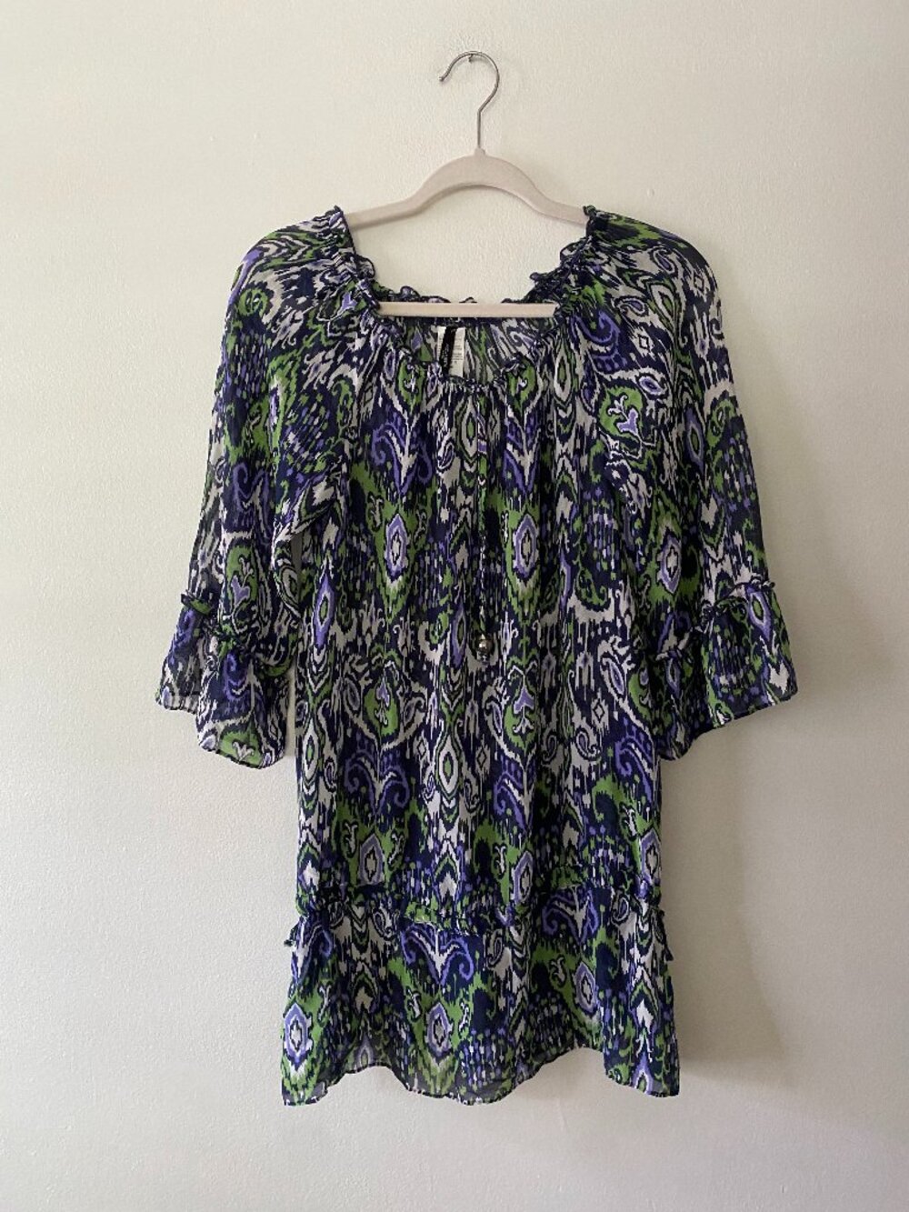 St. John Blue Green Ikat Silk Chiffon Boho Swim Cover Up Small
